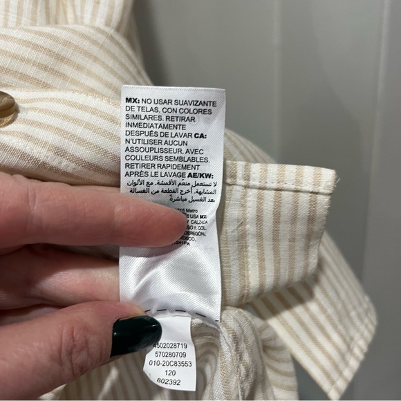 Chicos sz 2 Large Linen Top Shirt White Beige Pinstripe Stripe Coastal Grandma - Picture 9 of 10